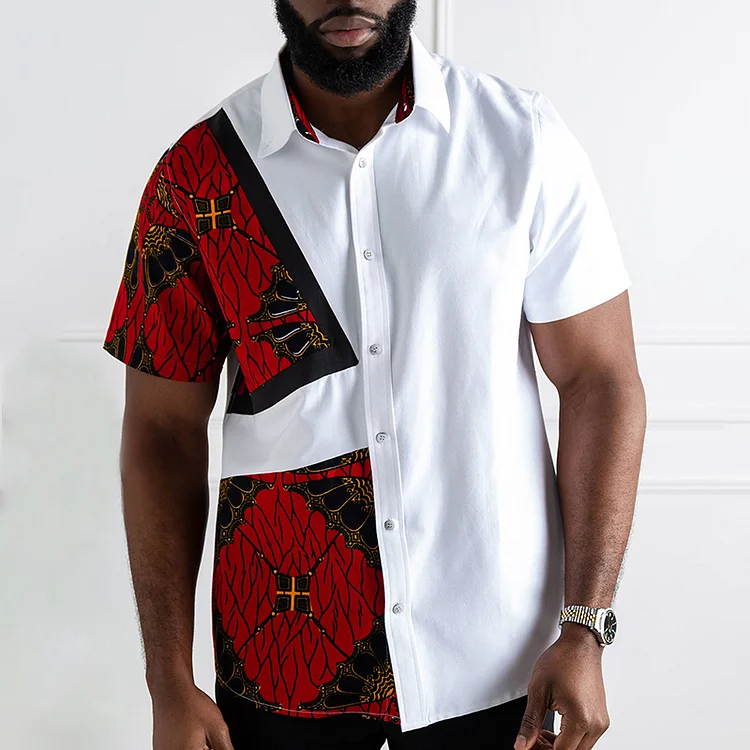 BrosWear Trendy Patchwork African Ethnic Print Short Sleeve Shirt