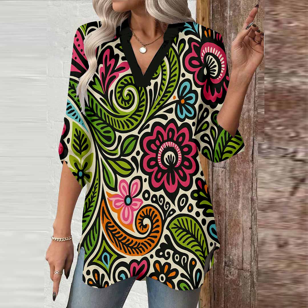 Women Flowers, Red, Green DZGA0375 3/4 Sleeve V-neck Printed Graphic Button Tops