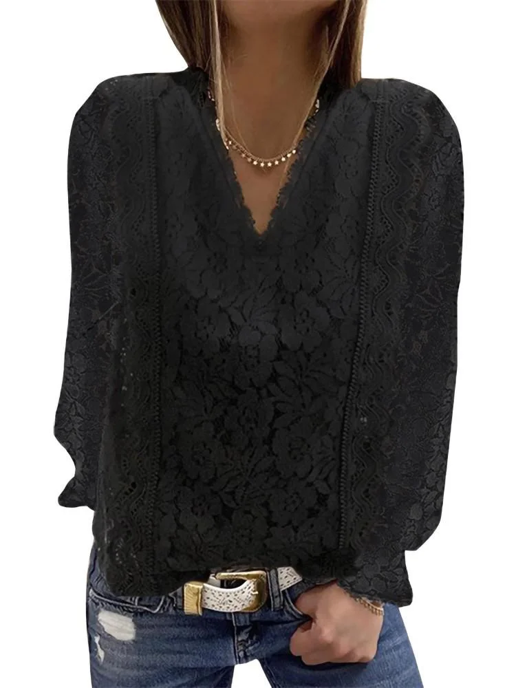 Plus Size Loose Women For Blouses 2022 New O Neck Long Sleeve Elegant Chic Ladies Lace Shirt Tops Fashion Casual Women Blouse
