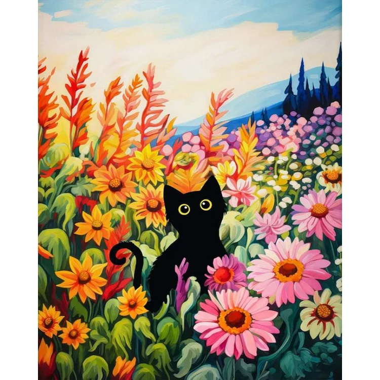 Flower Bush Black Cat 40*50CM (Canvas) Full Round Drill Diamond Painting gbfke