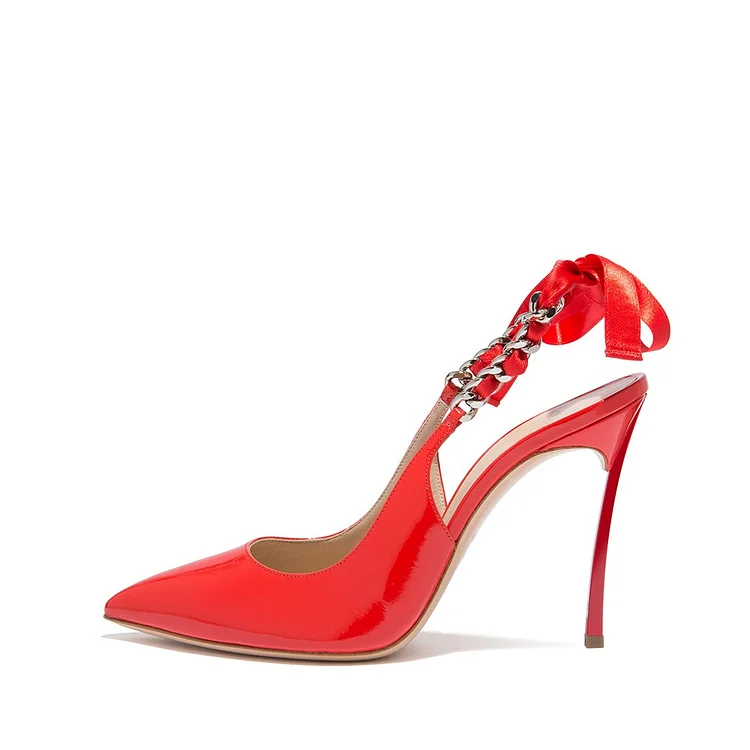 Red Patent Leather Pointy Toe Bow Stiletto Heel Slingback Pumps |FSJ Shoes