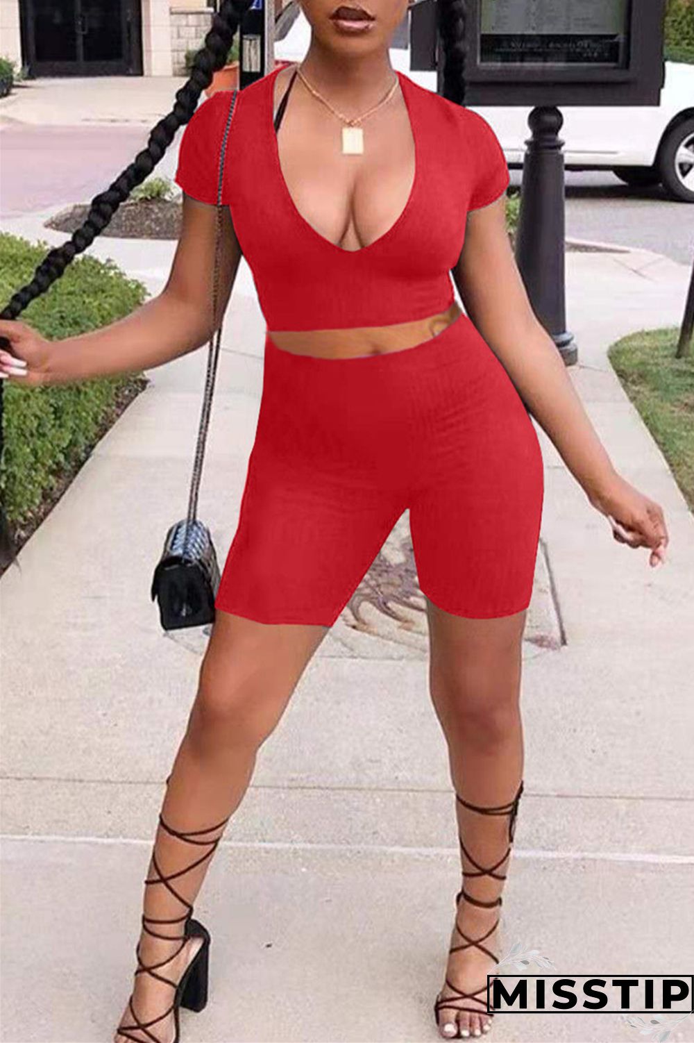 Orange Fashion Casual Solid Basic V Neck Short Sleeve Two Pieces