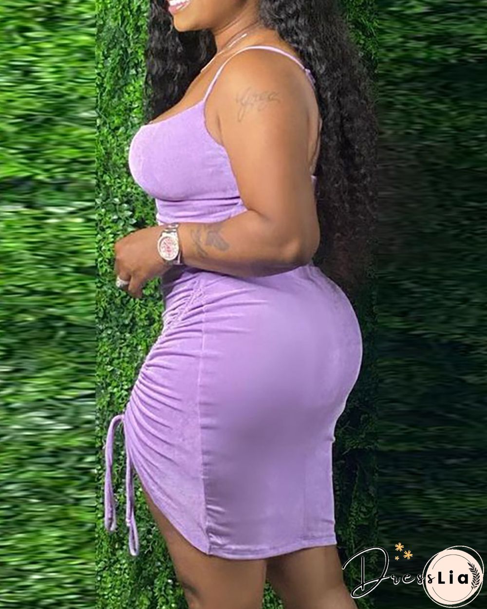 Plain Square Neck Drawstring Ruched Cami Bodycon Dress