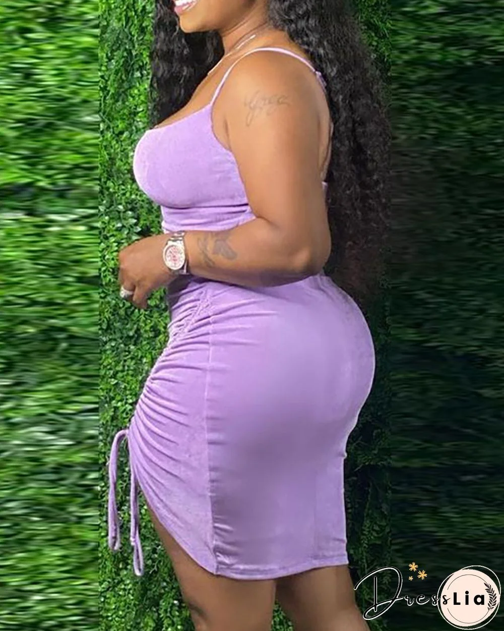 Plain Square Neck Drawstring Ruched Cami Bodycon Dress