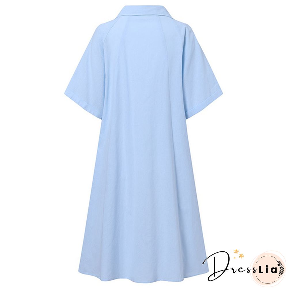 Women Loose Plain Holiday Cami Sundress Lapel Cotton Retro Party Mini Shirt Dress Plus