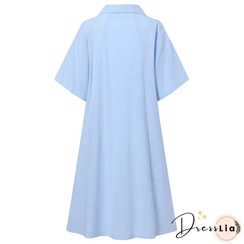 Women Loose Plain Holiday Cami Sundress Lapel Cotton Retro Party Mini Shirt Dress Plus