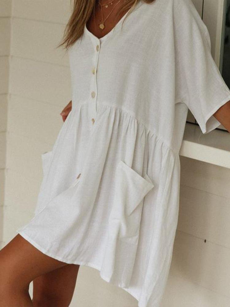 Mini Cotton and Linen Short Sleeve V-neck Dress