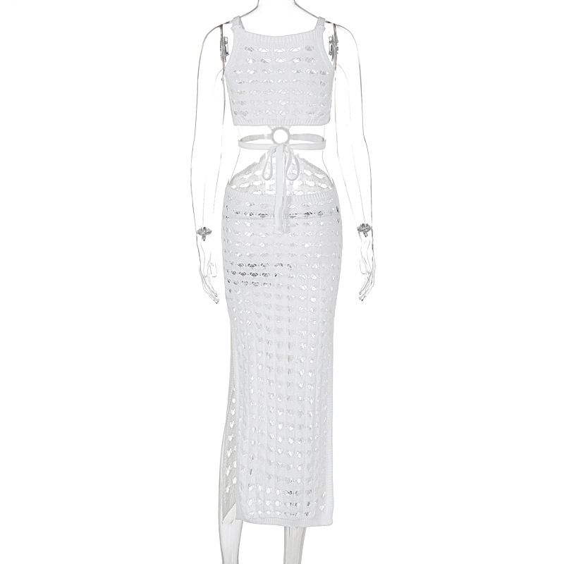 Ootddress Sexy Hollow Out Women Knit Maxi Dress High Waist Cut Out Mesh Sheer Elegant Sleeveless Hem silt Beach Party Dress Femme