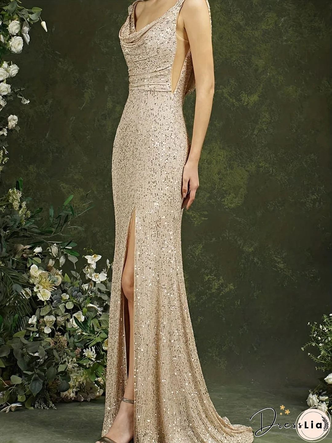 Sequin Cowl Neck Backless Backless Split Party Maxi Dress