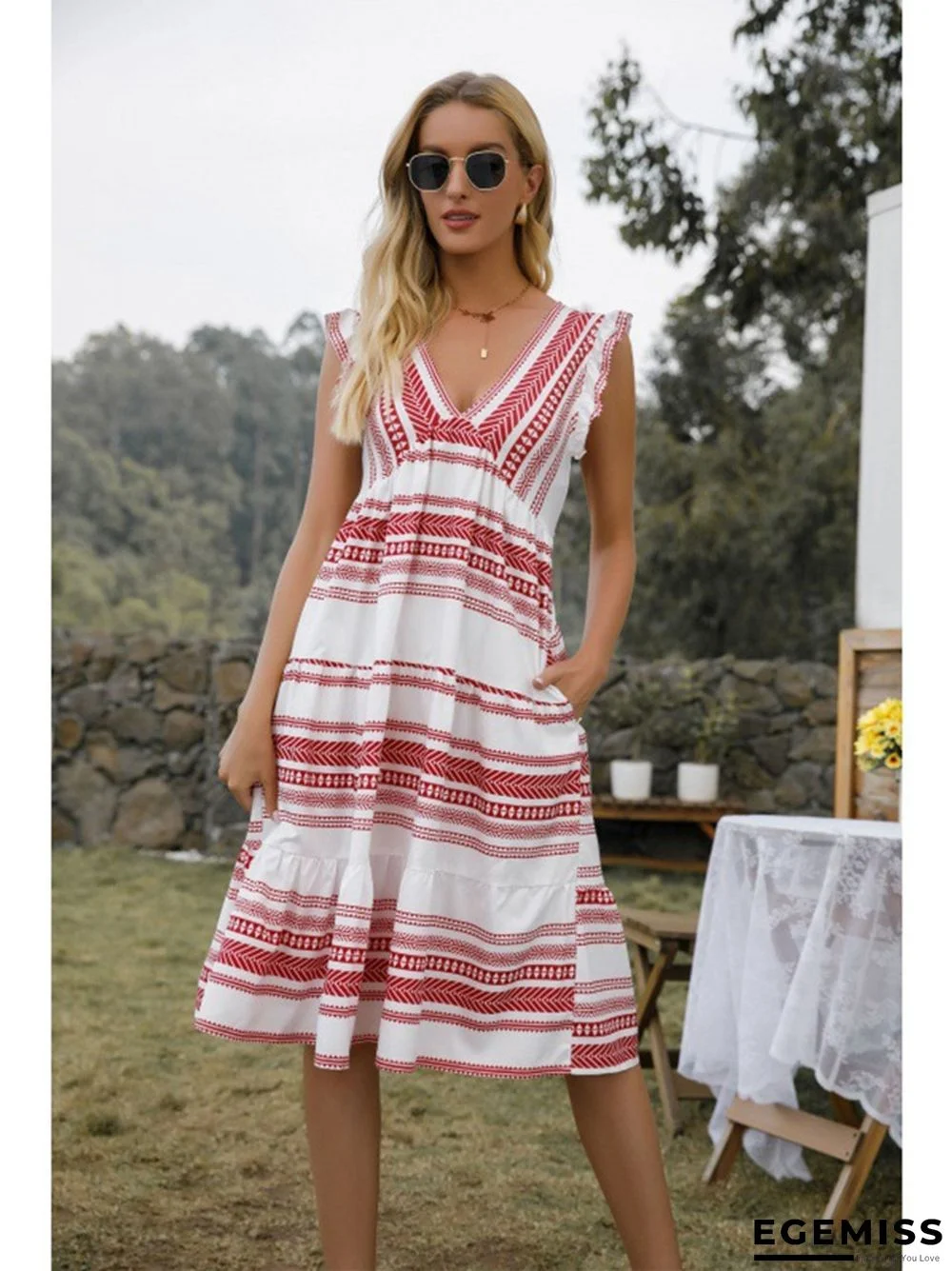 Bohemian V-neck Pocket Striped Dress | EGEMISS