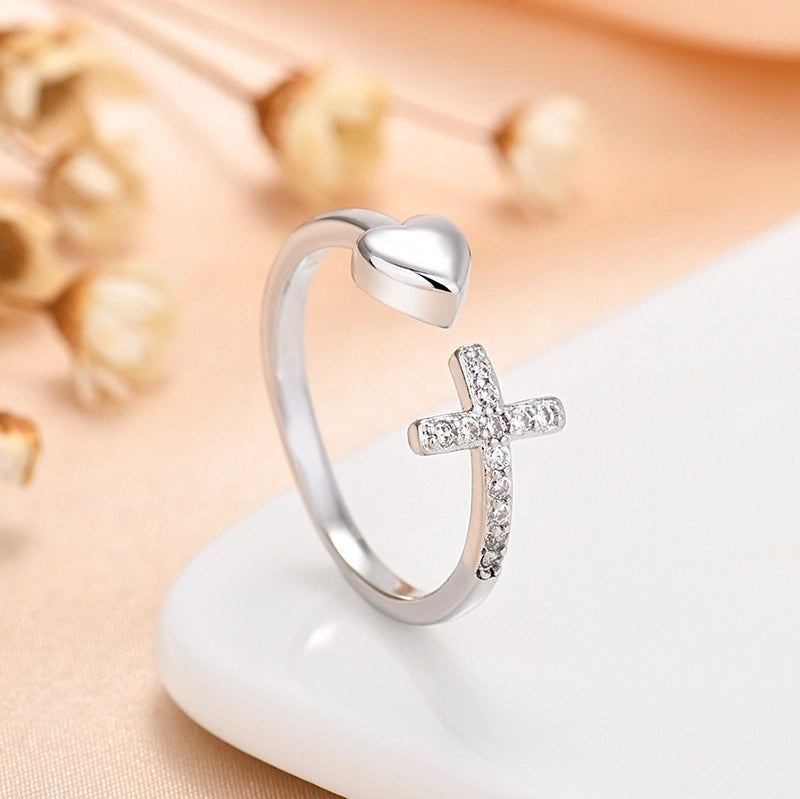 IG Style Cross Heart Shape Copper Zircon Inlay Open Rings