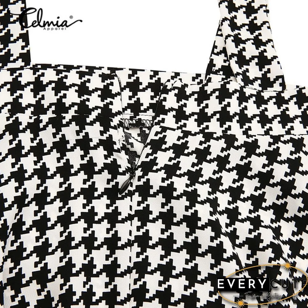 Summer Women Plaid Loose Swing Strap Skirt Dress Casual Suspender Skirt Plus Size