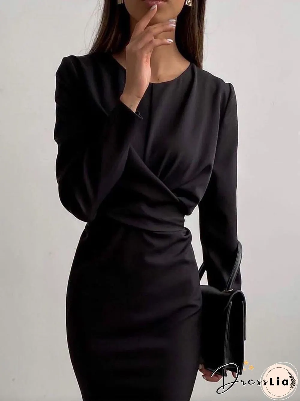 Women'S Dresses Round Neck Long Sleeve Slim Slit Midi Dress