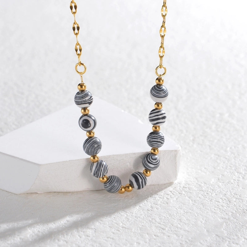 304 Stainless Steel 18K Gold Plated Classic Style Beaded Plating Round Natural Stone Necklace