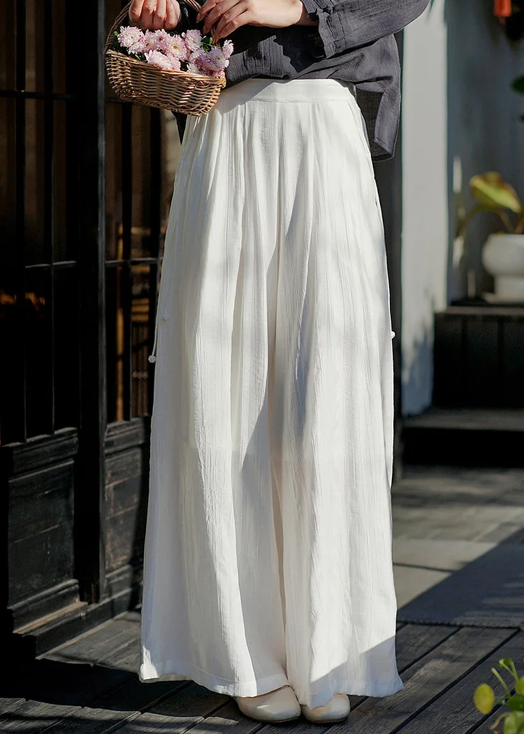 Simple White Elastic Waist Cotton Wide Leg Pants Summer