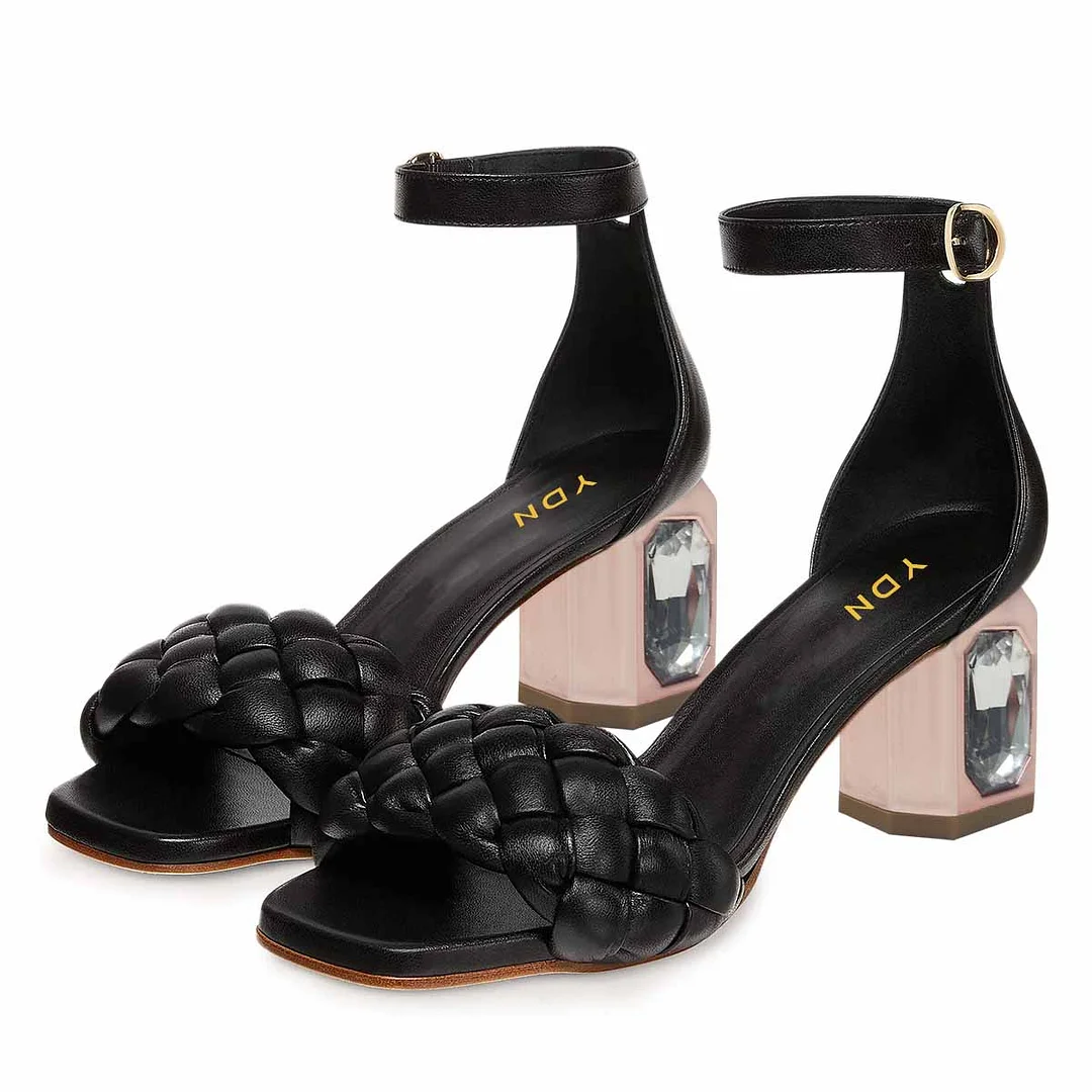 Braided Open-Toe Rhinestone Chunky Heel Black Sandals for Women