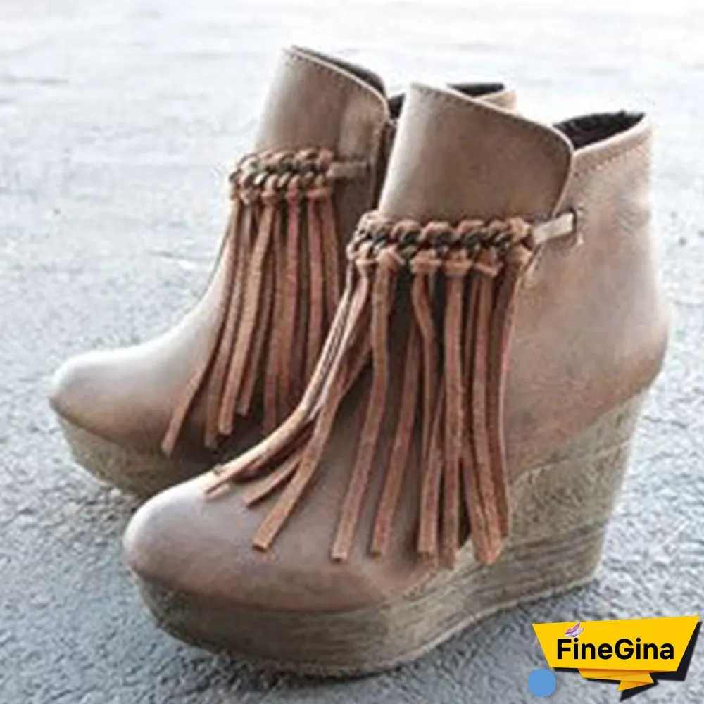 Wedge Booties Artificial Leather Tassel Boots Wedge Heel Zipper Shoes