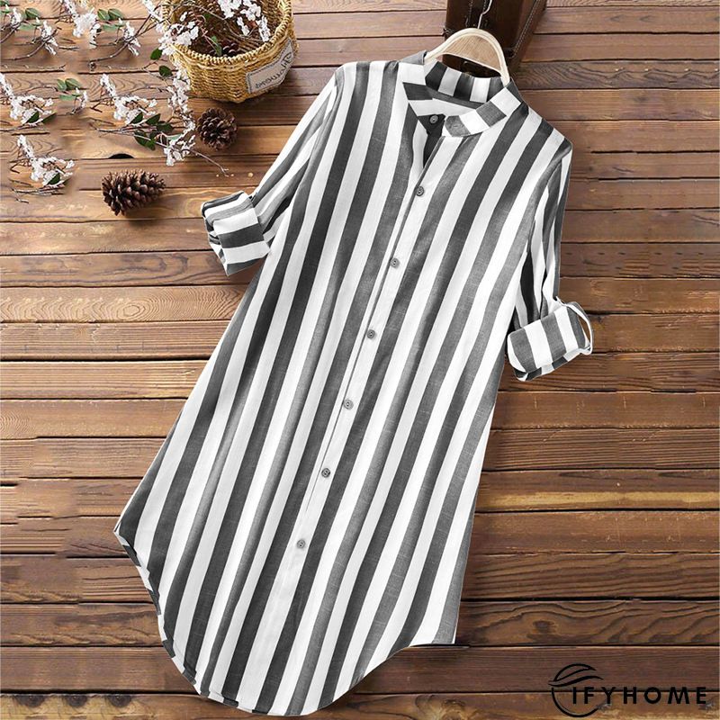 3/4 Sleeve Cotton Linen Striped Casual Casual Top & Tunic Blouse | IFYHOME