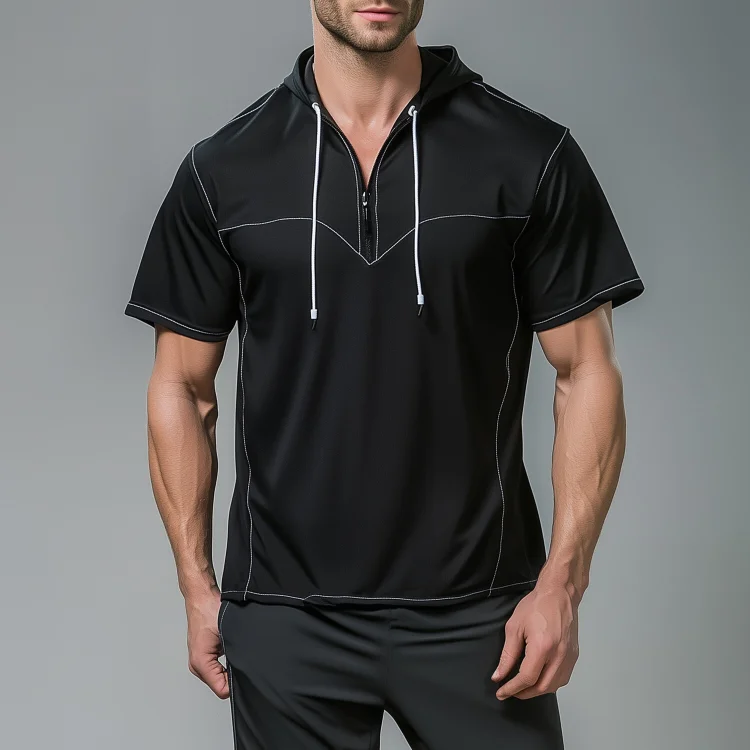 Okaywear Half Zip Short Sleeve Contrast Stitch Drawstring Hoodie Okaywear