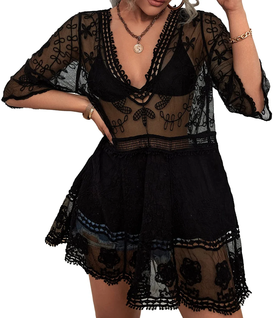 Contrast Lace Mesh Sheer Bathing Suit Cover Up