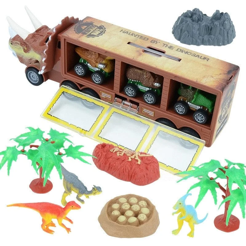 Dinosaur Toy Triceratops Truck with Pull Back Cars and Figures Storage Carrier Truck
