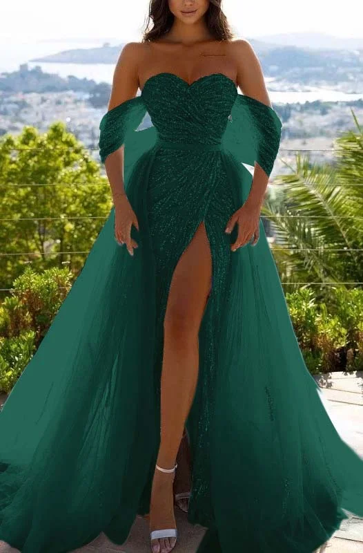 Off-the-Shoulder Sky Blue Prom Dress Sequins With Slit PD0576