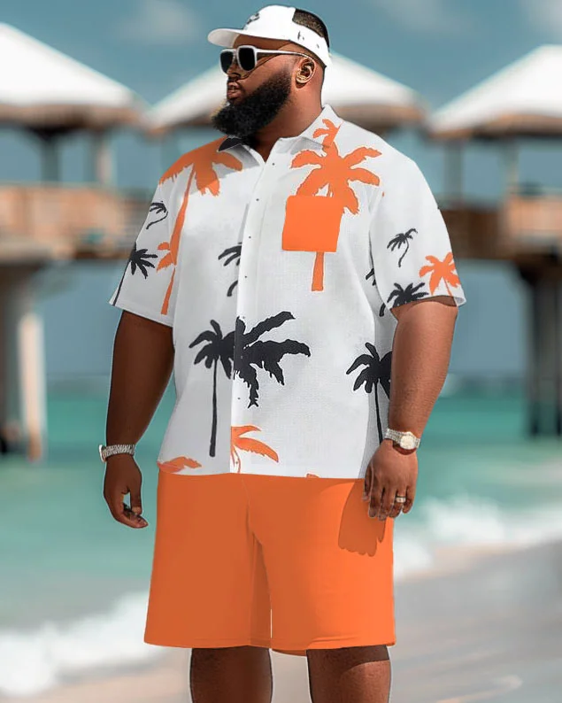 Men's Plus Size Hawaiian Coconut Tree Print Pocket Short Sleeve Shirt Shorts Suit