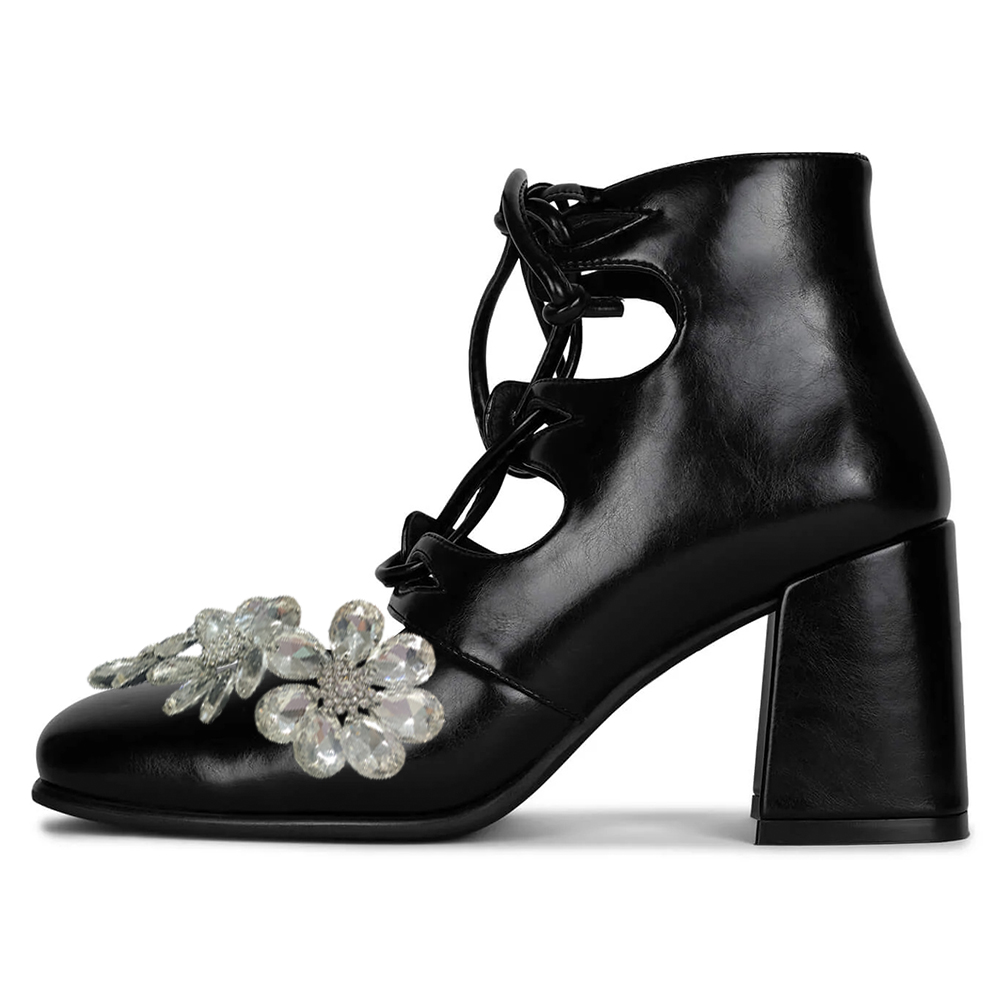 Black Cut Out Chunky Heel Lace Up Boots with Crystal Flower Nicepairs