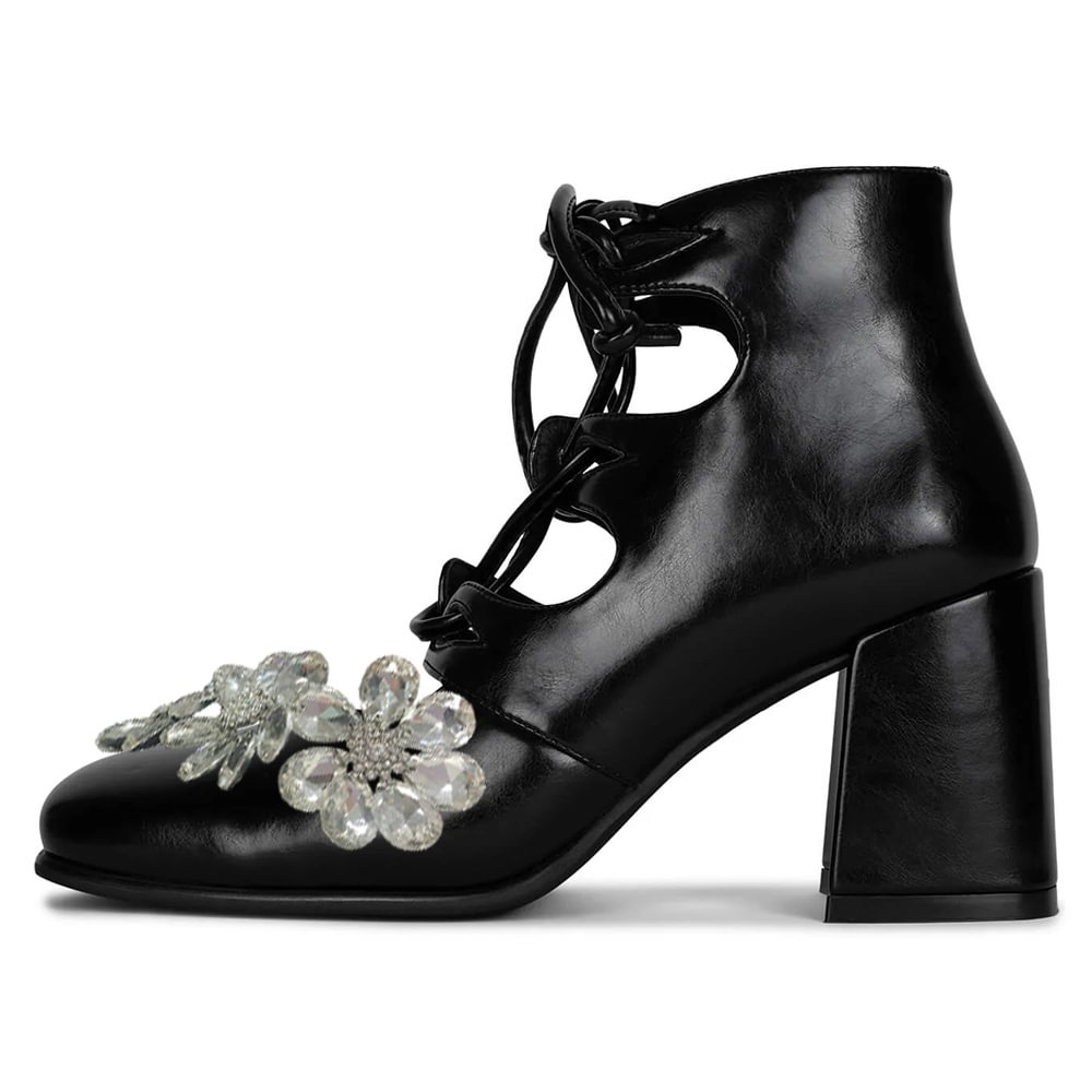 Black Leather Booties Rhinestone Flower Decor Lace-up Strap Booties Nicepairs