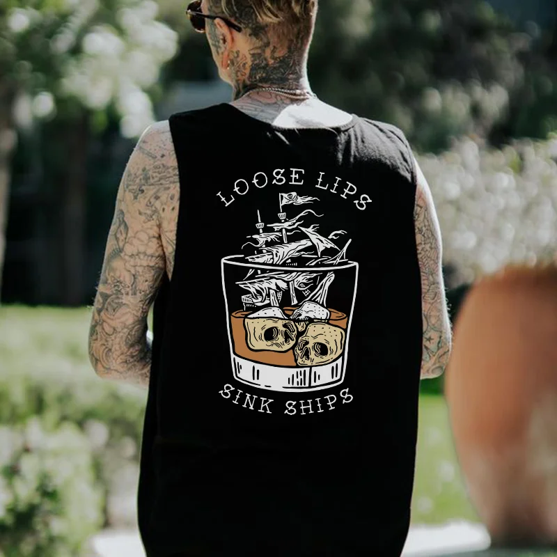 LOOSE LIPS SINK SHIPS Skull Ship Print Men's Vest