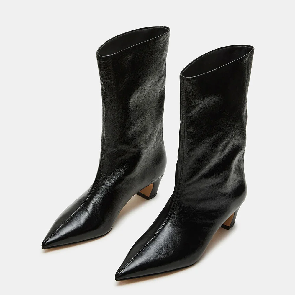 Black Faux Leather Pointed Toe Chunky Heel Pull On Mid Calf Boots