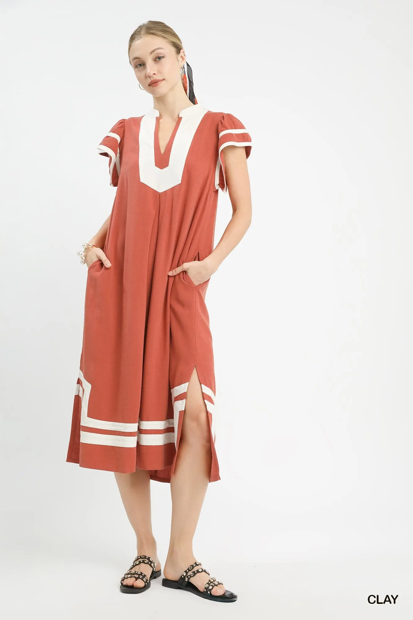 Umgee Linen Cotton Contrast Neckline Midi Dress mysite idetrend