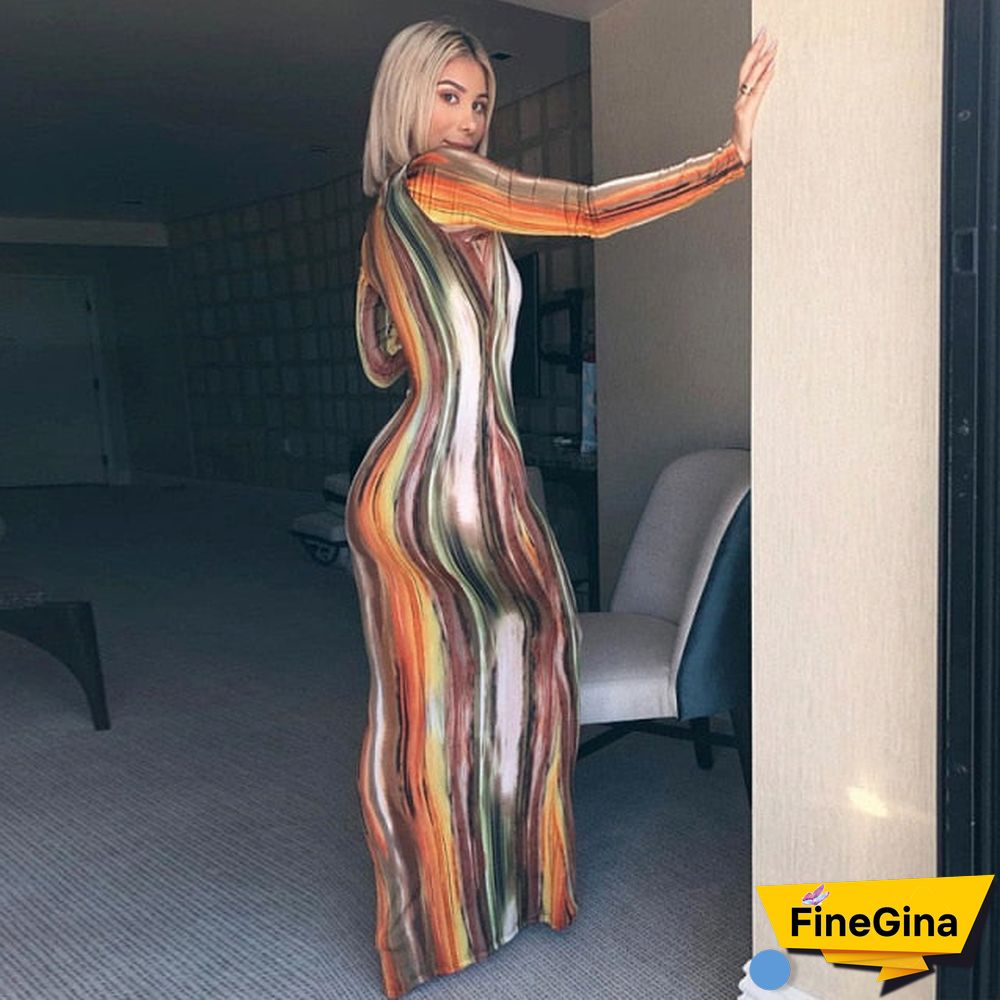 BOOFEENAA Stripe Tie Dye Print Sexy Maxi Dress Spring Casual Long Dress Women Nightclub Long Sleeve Bodycon Dresses C70CC31