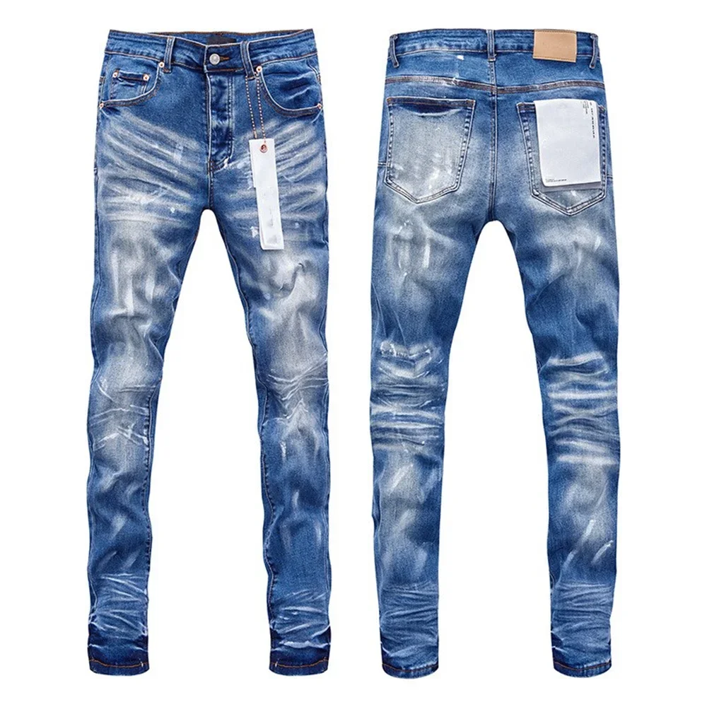 Topographys 25SS New Purples jeans Men high street Retro wash Light blue hole patch trend Stylish low raise Elastic Skinny jeans brand pants