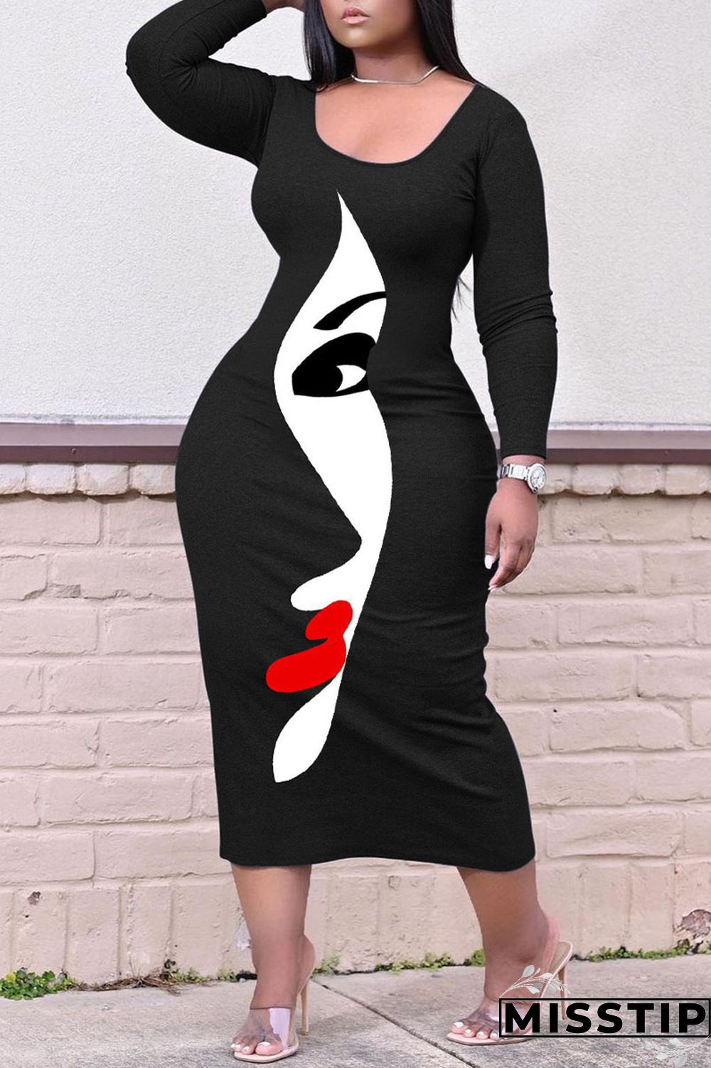 Colour Casual Print Patchwork O Neck Straight Plus Size Dresses
