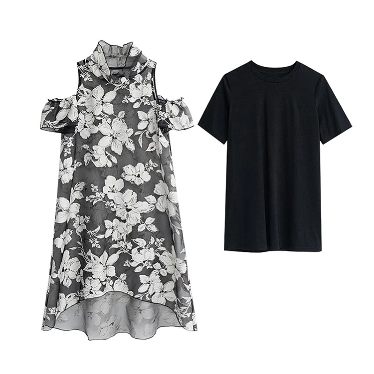 Chic Turtleneck Perspective Floral Printed Off-shoulder Dress And Black Tee Two Pieces Set        