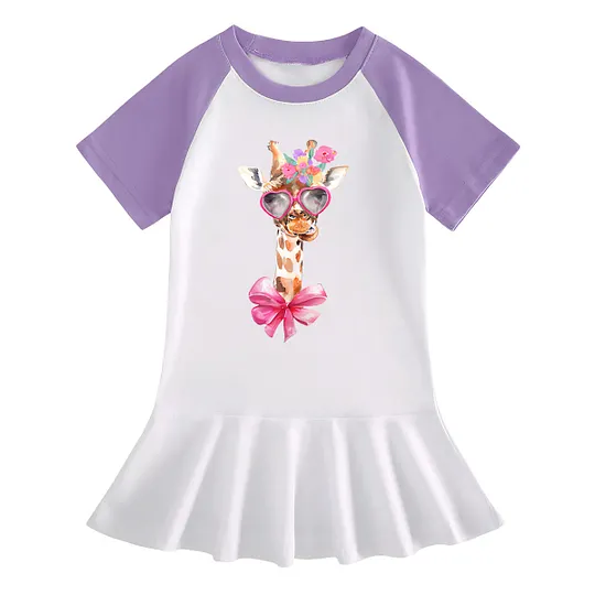 【18M-9Y】Giraffe With Heart Sunglasses Ruffle Dress For Girls