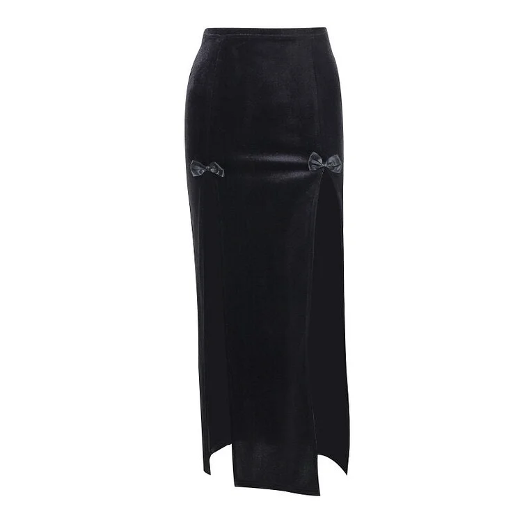 InsDoit Gothic Split Velvet Bow Midi Skirt Women Streetwear Aesthetic Sexy Summer High Waist Skirt E Girl Elegant Party Skirts