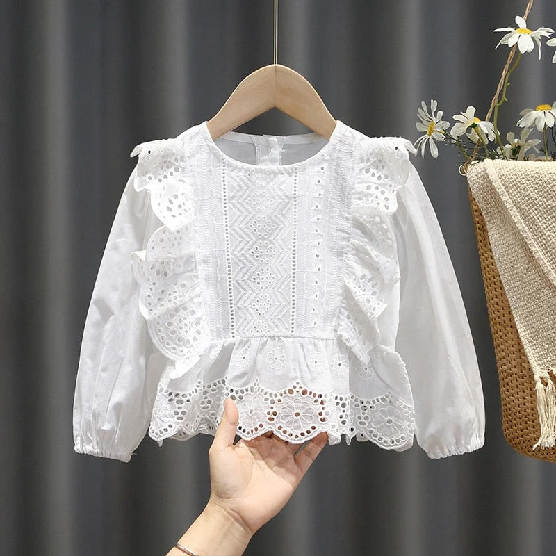 Lace Shirts for Teenage Girls Spring Cotton Kids Tops Fashion White Shirt for Children Long Sleeve Clothing 12M-8 Years 2021