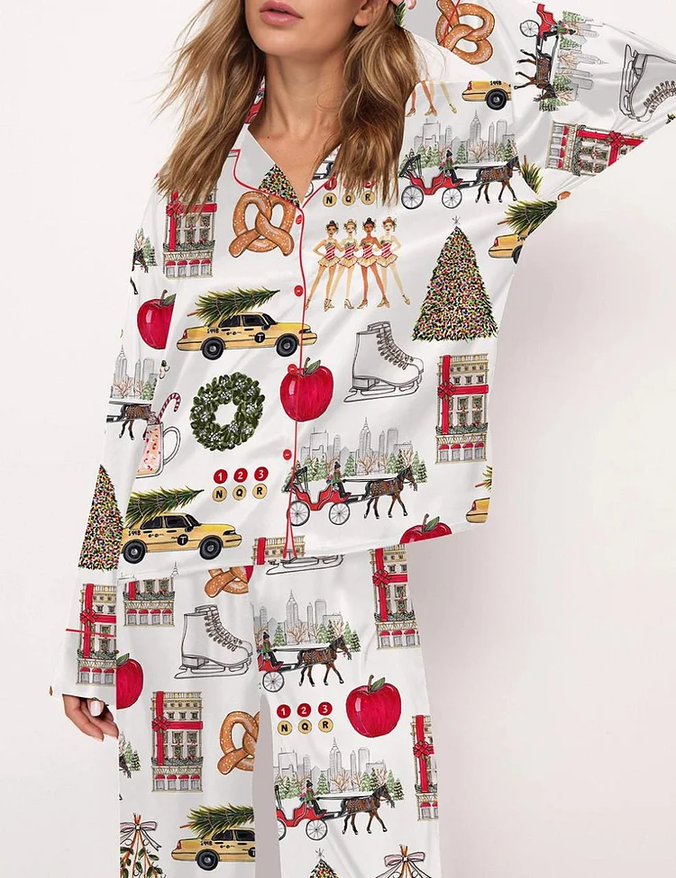 Women's Christmas In New York Satin Pajama Set