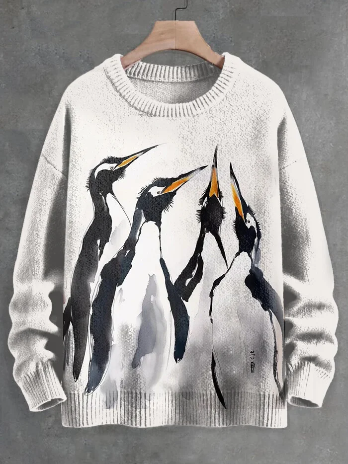 Men's Japanese Ink Painting Penguins Print Knit Sweatshirt