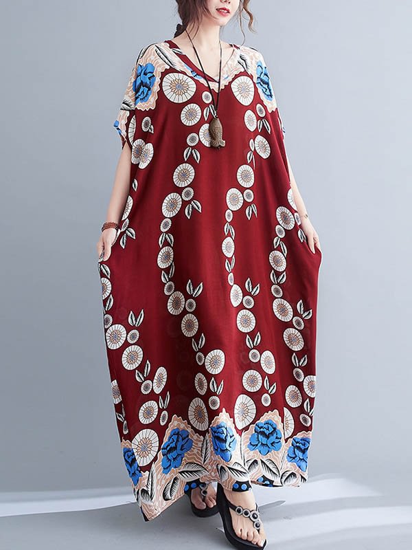 Artistic Red Printed Super Loose V-Neck Batwing Sleeve Dress