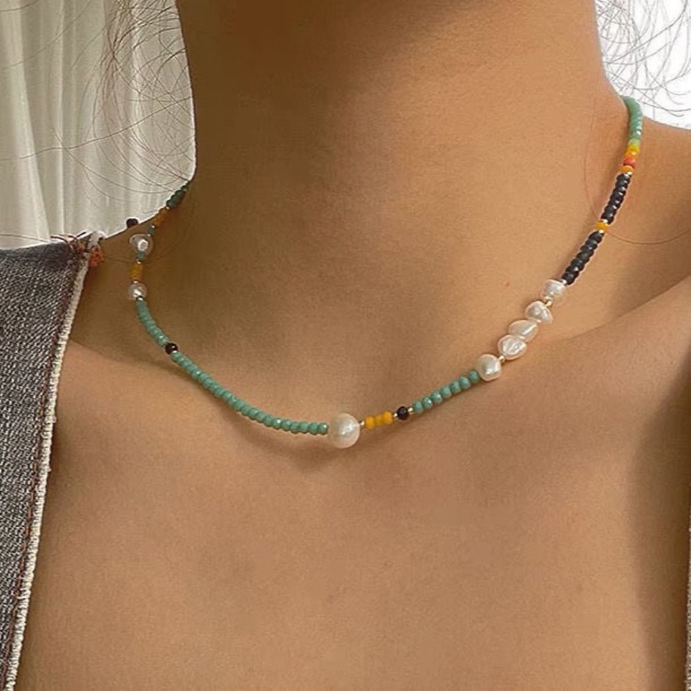 Women's Simple Hand Beaded Green Crystal Pearl Necklace