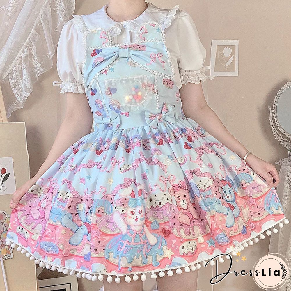Sweet Lolita Milk Foam Pudding Print Cute Jsk Strap Dress Women Summer Tea Party Princess