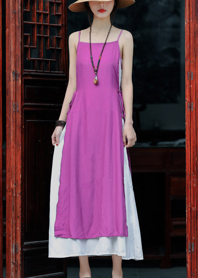 VCSHOES Violet Tie Waist Cotton Fake Two Piece Spaghetti Strap Dress Summer