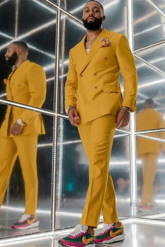 Dresseswow Simple Fit Yellow Prom Suit For Guys With Double Breasted