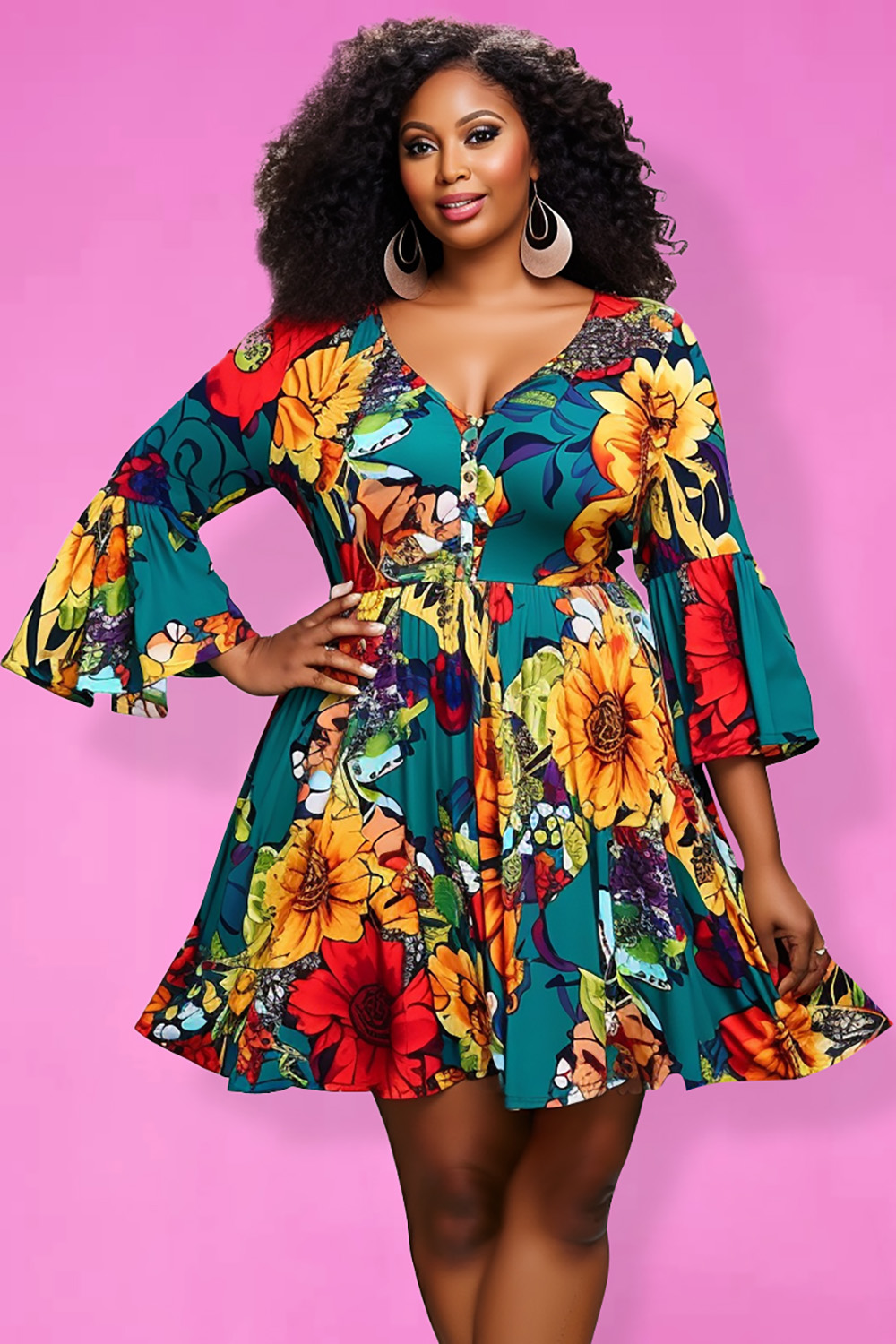 Design Plus Size Beach Multicolor Floral Print V Neck Flare 3/4 Sleeve Ruffle Knitted Mini Dresses [Pre-Order]