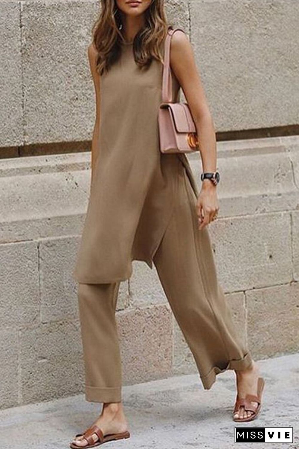 Casual Solid Slit O Neck Sleeveless Two Pieces(3 Colors)