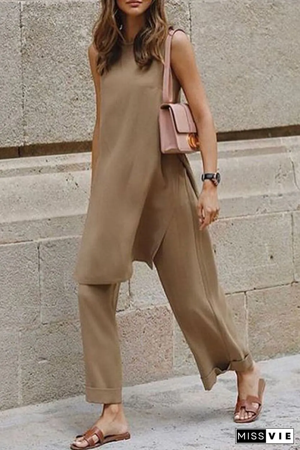 Casual Solid Slit O Neck Sleeveless Two Pieces(3 Colors)