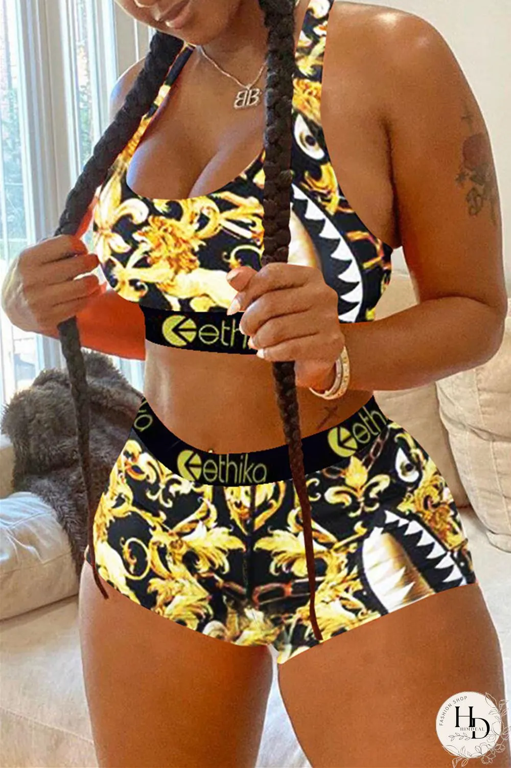 Colour Casual Sportswear Print Vests U Neck Sleeveless Two Pieces